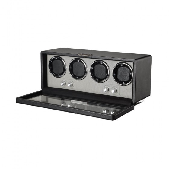 Roroos black leather quad watch winder case with four automatic watches and lockable glass front door