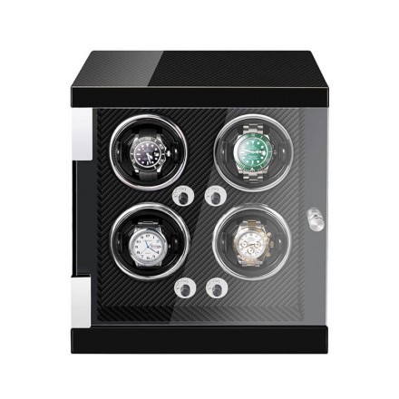 Roroos luxury vertical wooden 4-watch winder in carbon fiber style with glass front display door