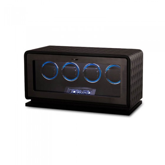 Black leather quad watch winder open showing 4 velvet-lined slots