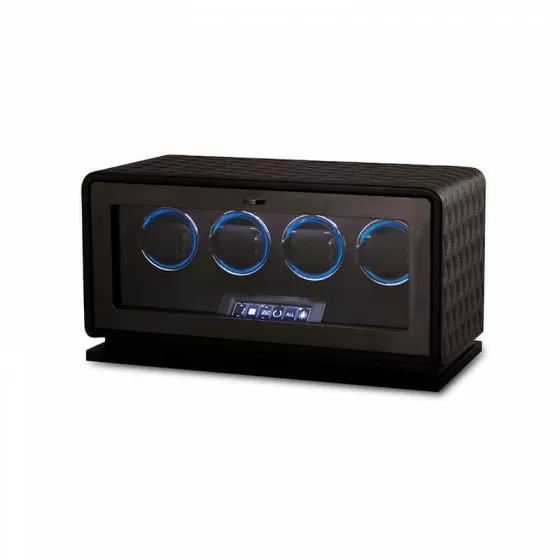 Black leather quad watch winder open showing 4 velvet-lined slots