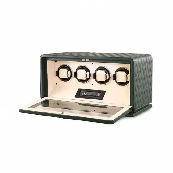 Crocodile-embossed forest green leather exterior on Roroos quad automatic watch winder
