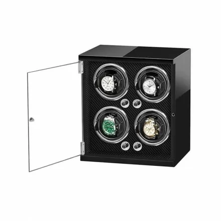 Roroos luxury vertical wooden 4-watch winder in carbon fiber style with glass front display door Overview