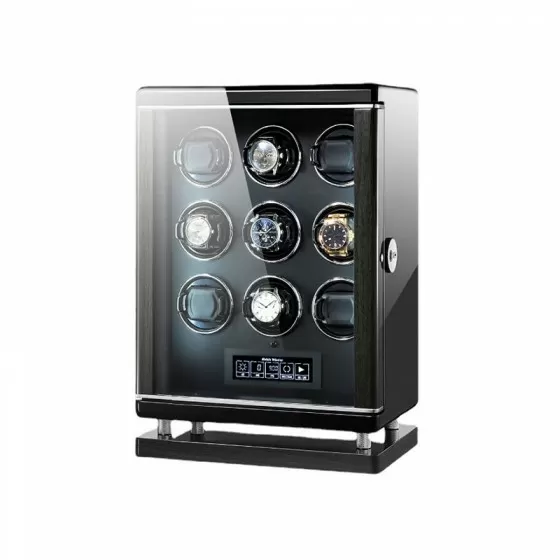 Side view of Roroos 9-slot watch winder showing glass display door and wood-shell construction