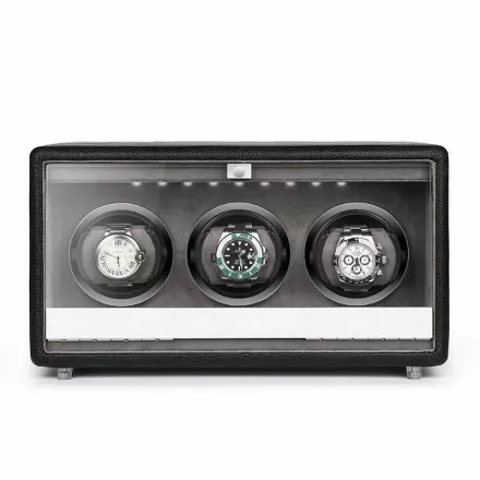 Roroos Classic Leather Triple Watch Winder – 3-slot automatic watch winder in dark brown PU leather