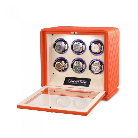 Caja enrolladora para 6 relojes Roroos en cuero naranja intenso