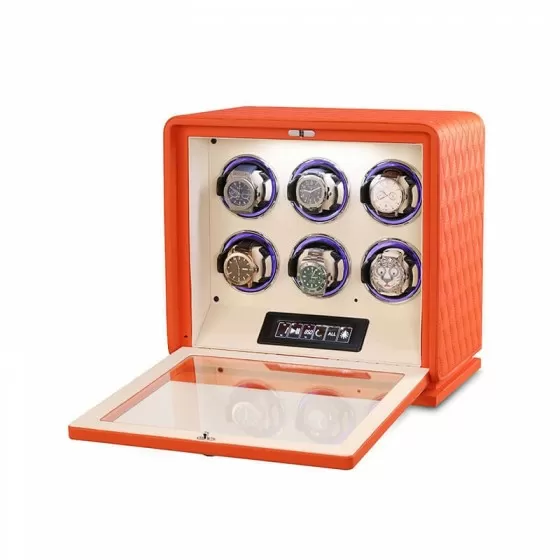 Caja enrolladora para 6 relojes Roroos en cuero naranja intenso