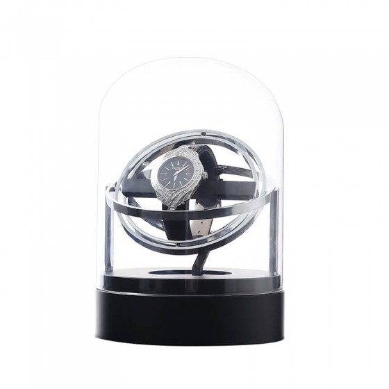 Silver astronomy watch winder showing 360° dual-axis orbital rotation — gyroscopic winding mechanism