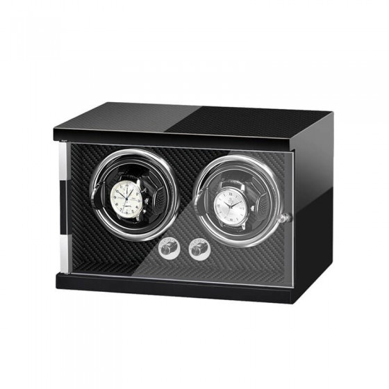 Two automatic watches displayed vertically in Roroos all-black wooden watch winder