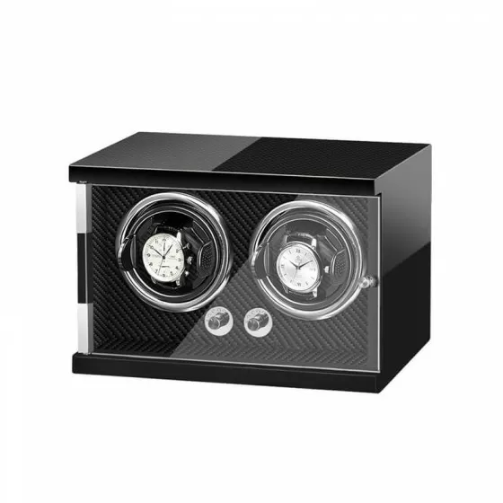 Two automatic watches displayed vertically in Roroos all-black wooden watch winder
