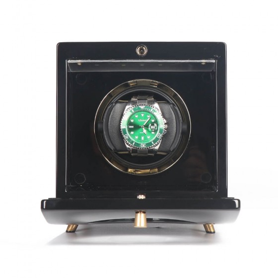Rolex Submariner mounted in Roroos wooden retro single watch winder black showing watch position