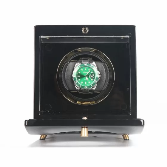 Rolex Submariner mounted in Roroos wooden retro single watch winder black showing watch position