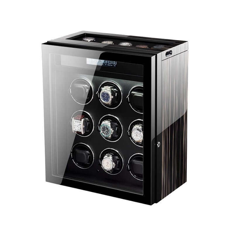 Angled view of 9 Watch Winder Box with 5 Extra Storage