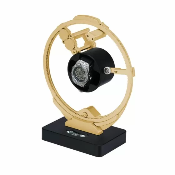 Angled view of Roroos Planetary Gear Single Watch Winder in gold
