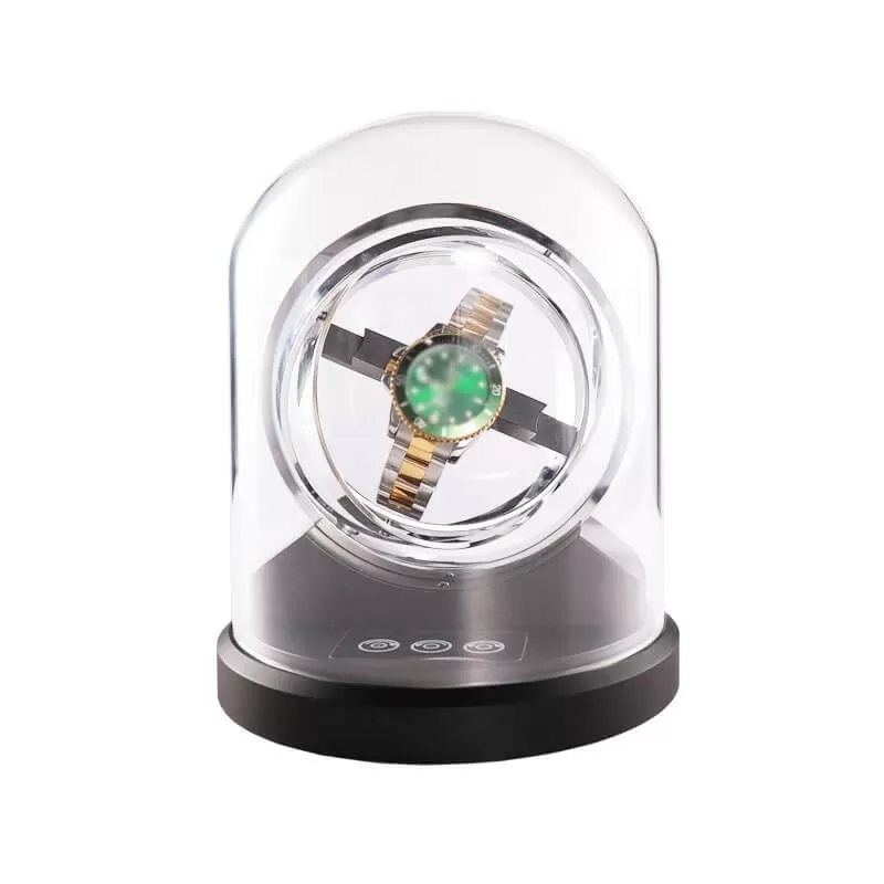 Roroos Orbit Saturn gyroscopic watch winder in silver — full 360° rotation display