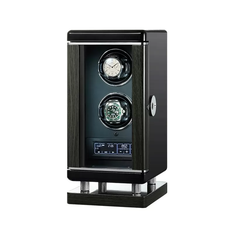 Roroos premium wooden double watch winder with LCD touch screen — angled front view showing black lacquer exterior