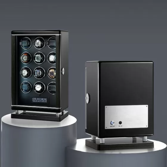 Roroos luxury wooden 12-watch winder displayed in home office with Rolex, Patek Philippe, and Audemars Piguet collection