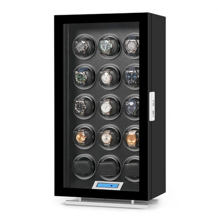 15-slot automatic watch winder cabinet with UVC sterilization by Roroos, front view with tempered glass door Overview