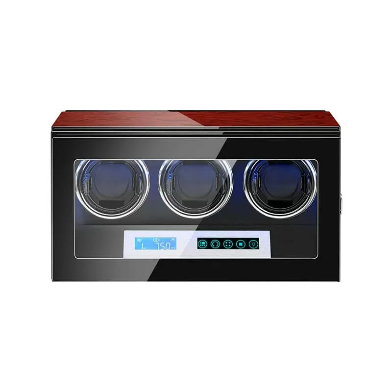 Triple Watch Winder With Lcd Touch Screen - Rosewood with Black Interior for 3 Watches