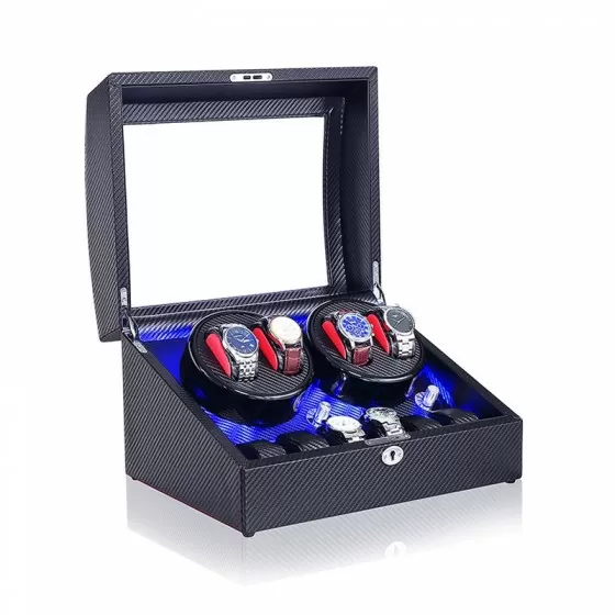 Top winding section of Roroos carbon fiber watch winder showing four rotating bays in motion