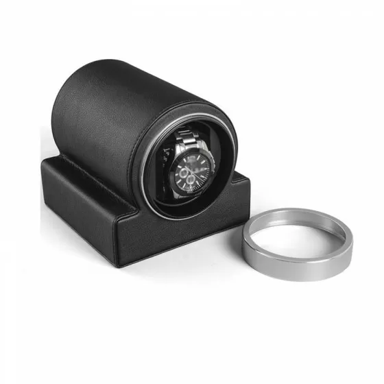 Rebobinador de reloj única individual clásico en cuero negro con ventana de vidrio