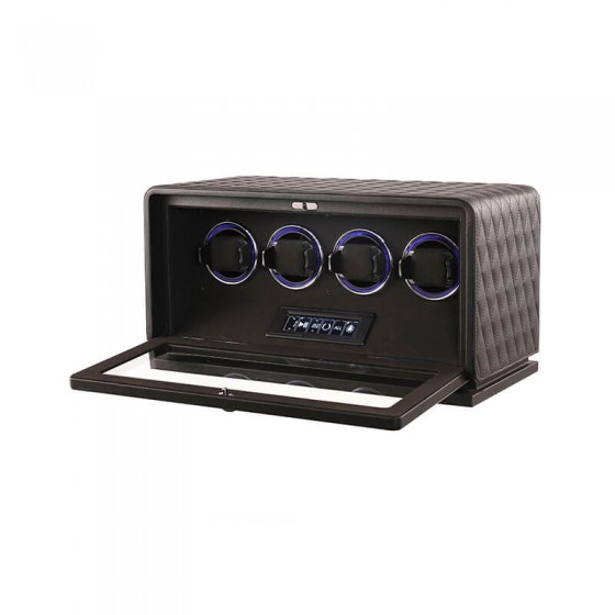 Roroos black leather luxury 4 watch winder box, side view