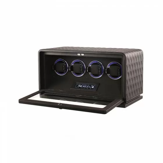 Roroos black leather luxury 4 watch winder box, side view