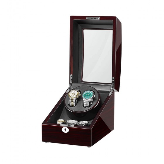 Inside view of ebony double watch winder showing 2 independent winding rotors and 3 padded storage slots