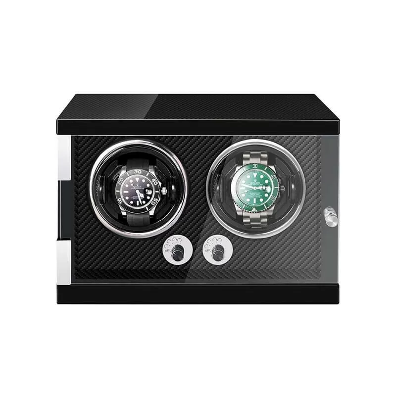 Roroos all-black vertical wooden double watch winder with LED backlight Singapore