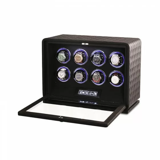 Black leather 8-watch winder with tempered glass lid open