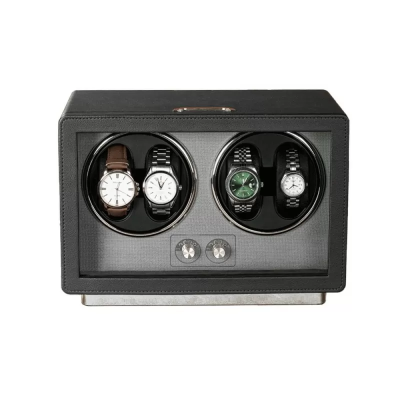 Custodia carica orologi 4 automatici in pelle nera Roroos – modello standard, vista frontale chiusa