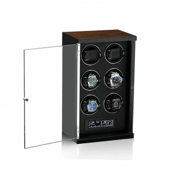 Six individually cushioned watch cradles inside black-interior automatic watch winder