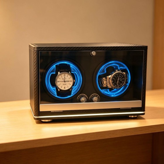 Carbon fiber double watch winder viewed from above — herringbone carbon fiber lid with full-glass door open showing dual LED rotors