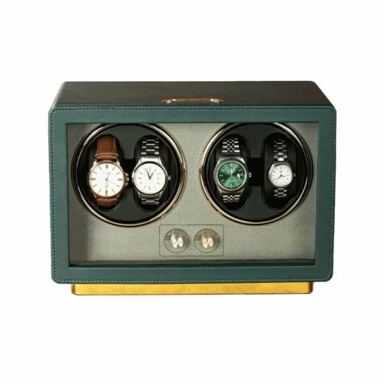 Roroos Green Leather Quad Watch Winder: Power 4 Rolex Watches