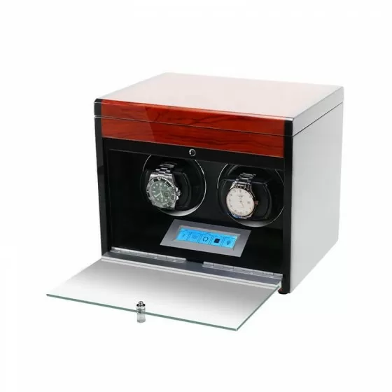 2-watch automatic winder in walnut wood — drawer open view