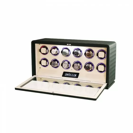 The Emerald Maestro: Forest Green Leather 12-Watch Winder with Touchscreen