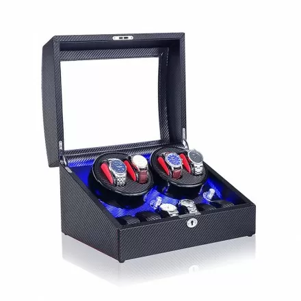 Roroos carbon fiber style 4-watch winder box with 6 additional watch storage compartments Overview