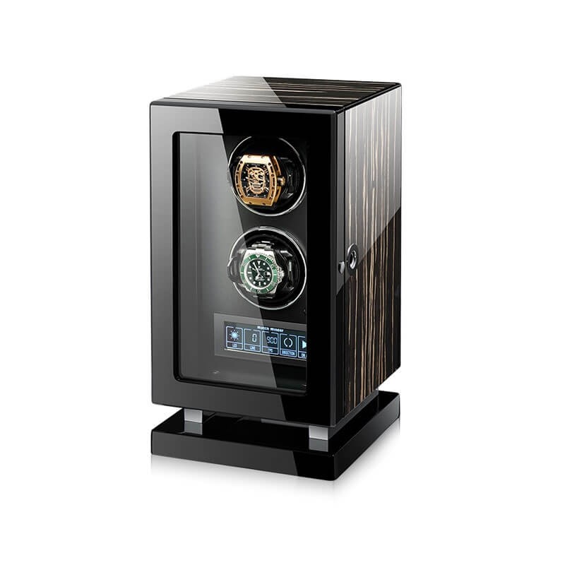 Roroos Dark Warrior double watch winder in striped ebony wood with dramatic grain pattern and glass front