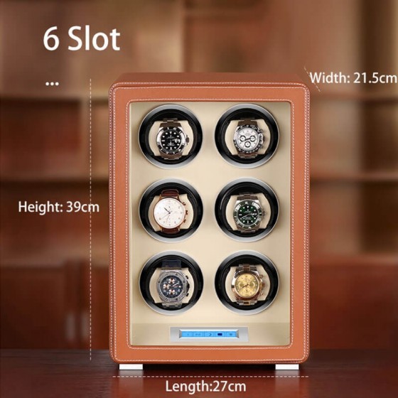 LCD Touch Automatic 6 Slot Uhrenbeweger mit braunem Leder
