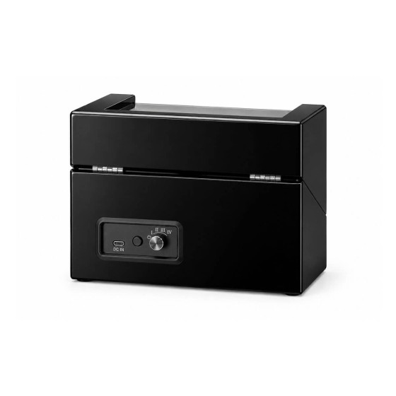 Rear view of the Roroos black dual watch winder showing the hinge and power control panel
