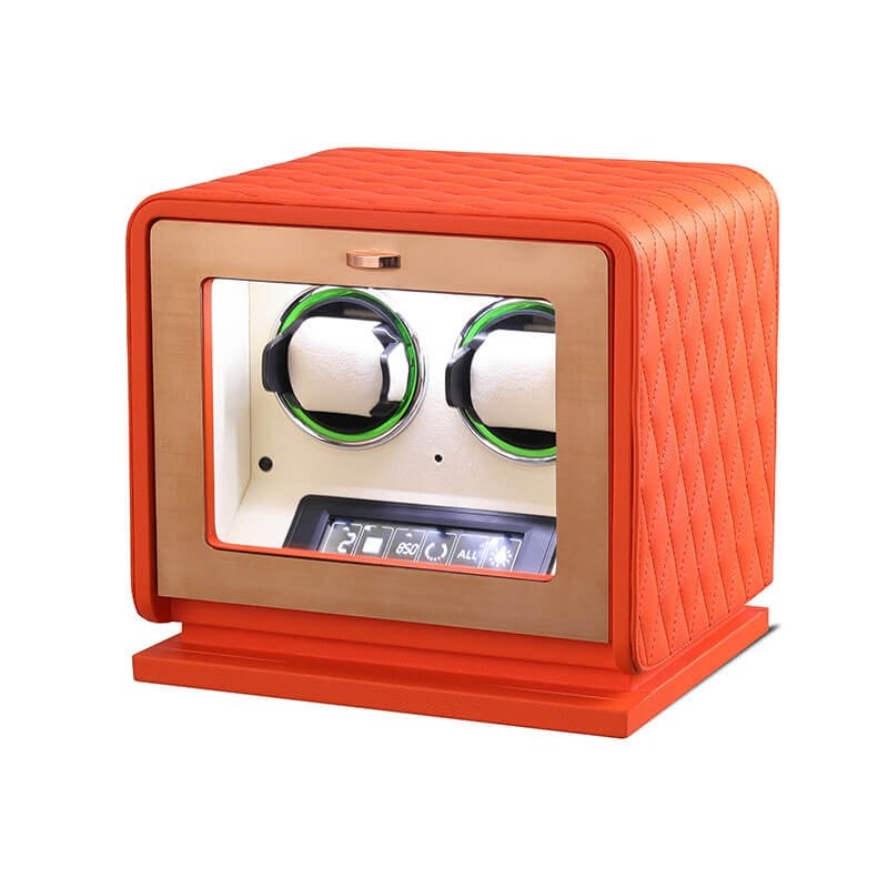 Carica orologi doppio in pelle arancione — avvolgitore automatico 2 posti Roroos