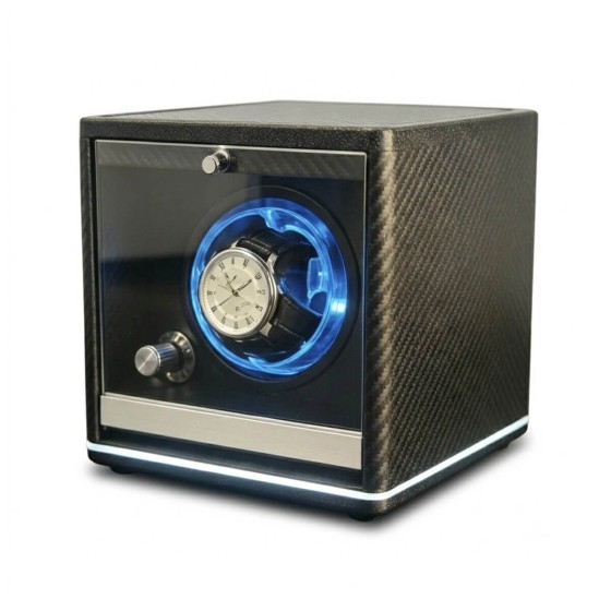 Carbon fiber single watch winder — 3/4 angle showing carbon weave texture and floating LED rotor ring