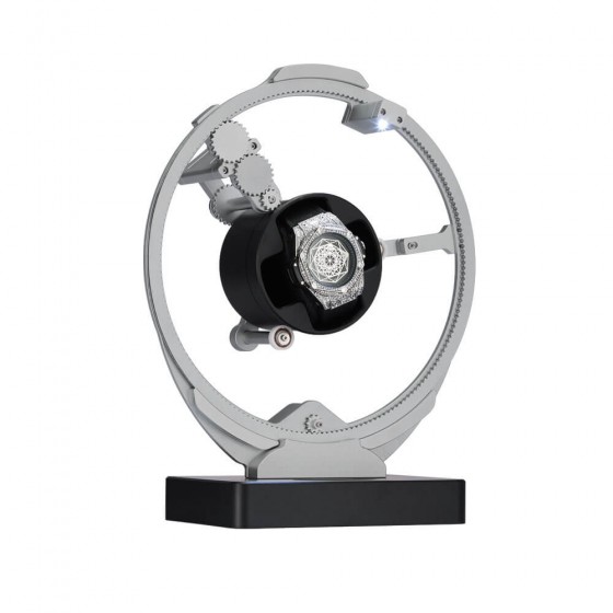 Planetary gear watch winder orbital rotation mechanism showing 360-degree gyroscopic movement