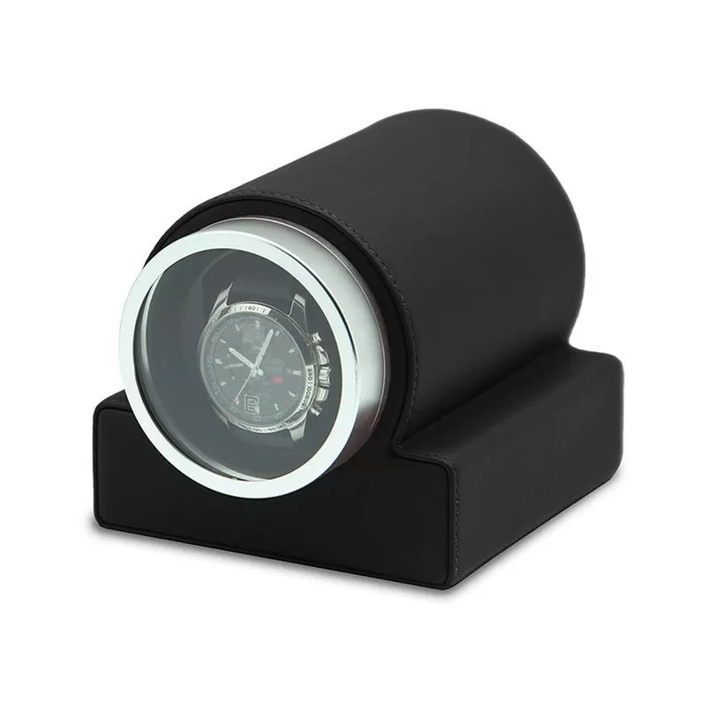 Rebobinador de reloj única individual clásico en cuero negro con ventana de vidrio