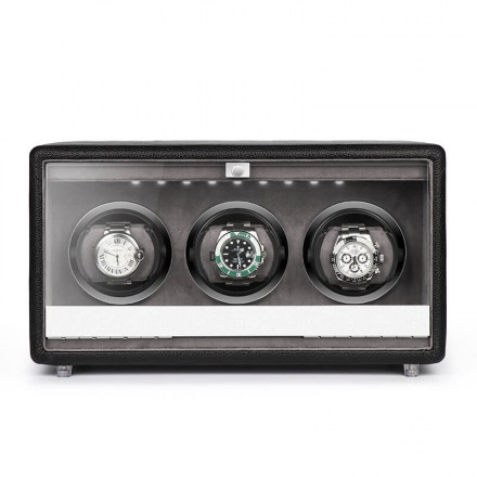Roroos Classic Leather Triple Watch Winder – 3-slot automatic watch winder in dark brown PU leather
