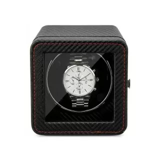 Roroos carbon fiber single watch winder box in black with red contrast stitching detail