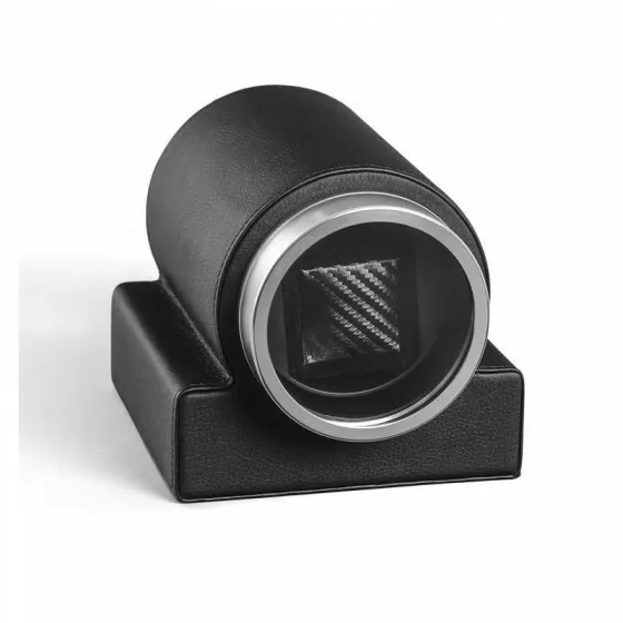Rebobinador de reloj única individual clásico en cuero negro con ventana de vidrio