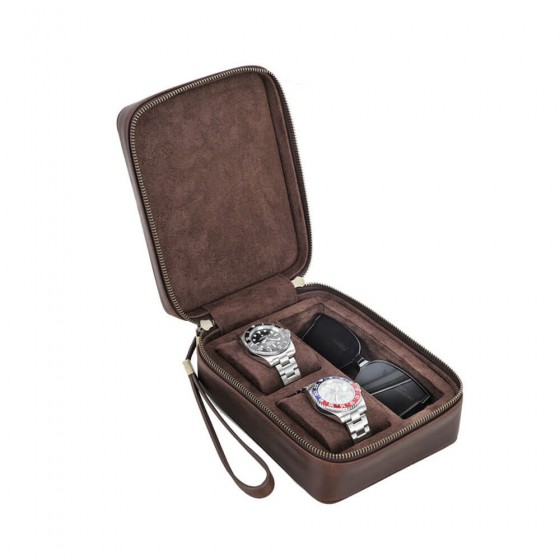 Interior of Roroos watch and glasses leather travel case showing padded watch slot and glasses compartment