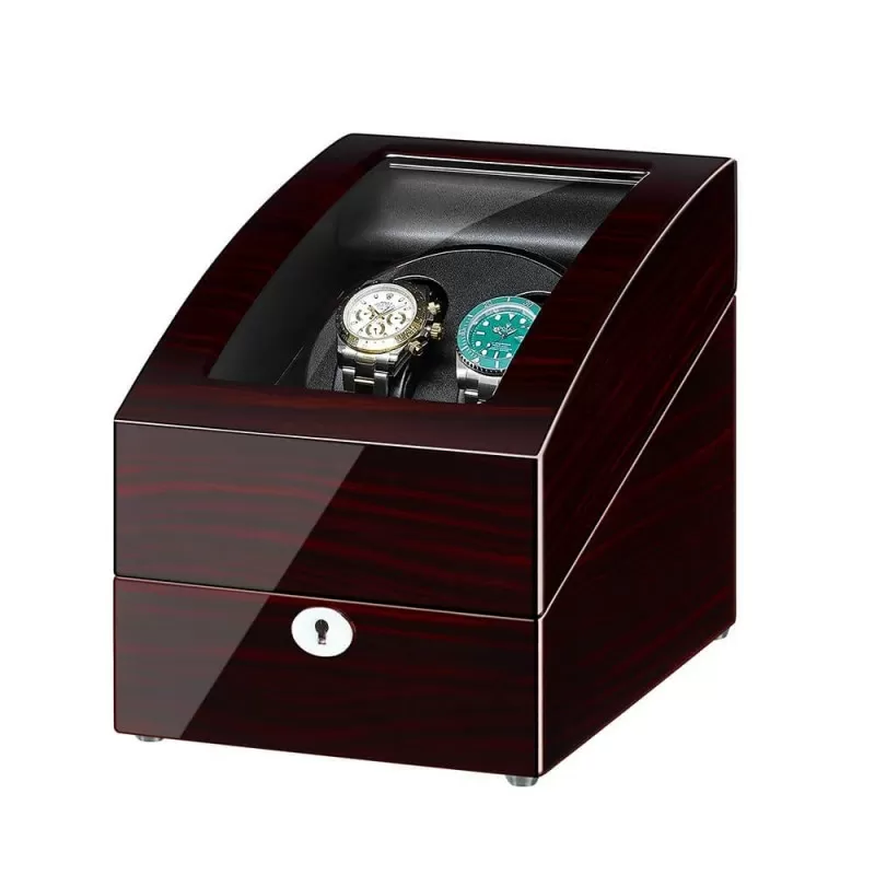 Roroos classic ebony double watch winder box with 3 storage compartments — compact front view, ideal for bedside or dresser