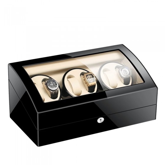 Black Six Pieces Automatic Watch Winder with Beige Interiora and 7 Extra Storages Spaces