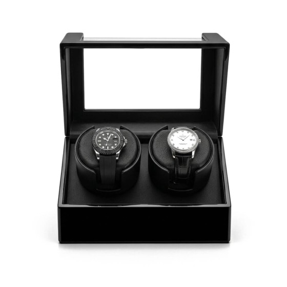 Roroos dual watch winder open from the front, showing two memory-foam watch cushions and the blue LED accent